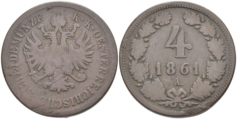 АВСТРИЯ 4 КРЕЙЦЕРА 1861 А, ФРАНЦ ИОСИФ (1848-1916) KM 2194 медь 3457-433