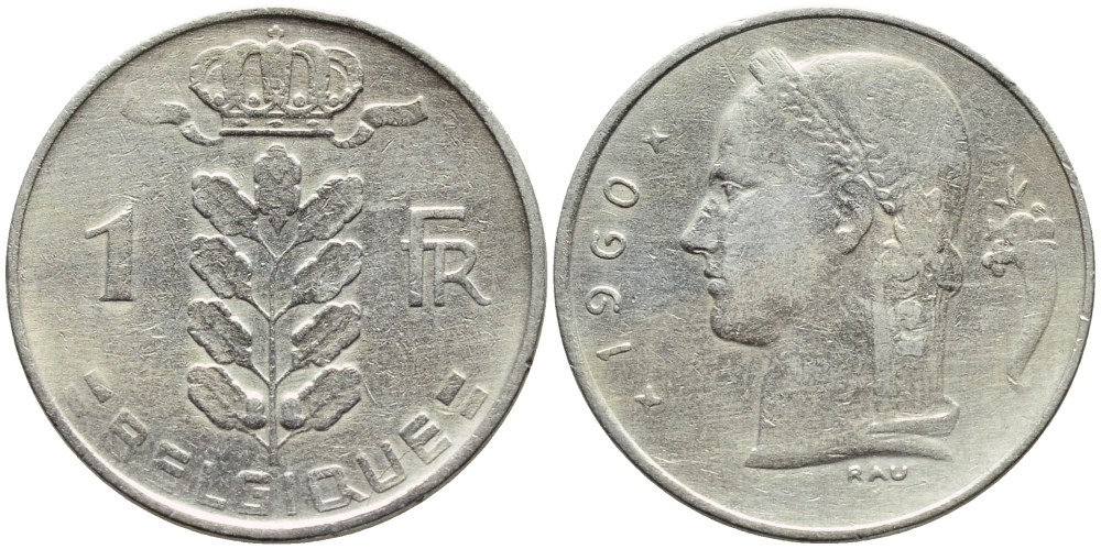 БЕЛЬГИЯ 1 ФРАНК 1960 BELGIQUE KM 142.1 медно-никель 4388-556