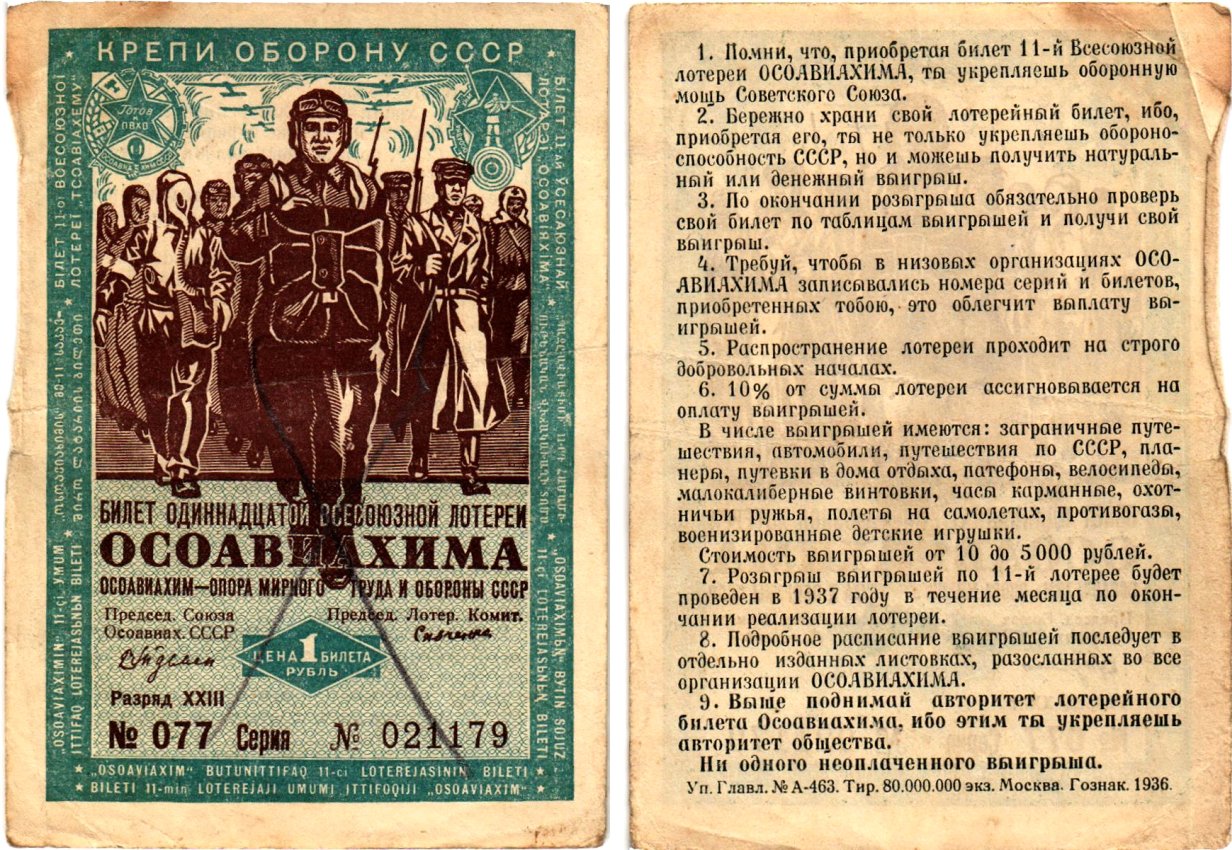 СССР 1 рубль 1936 Одиннадцатая всесоюзная лотерея Осоавиахима 2195-19-1-2