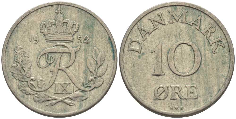 ДАНИЯ 10 ЭРЕ 1952 N; S, ФРЕДЕРИК IX (1947-1972) KM 841.1 медно-никель 4383-1111
