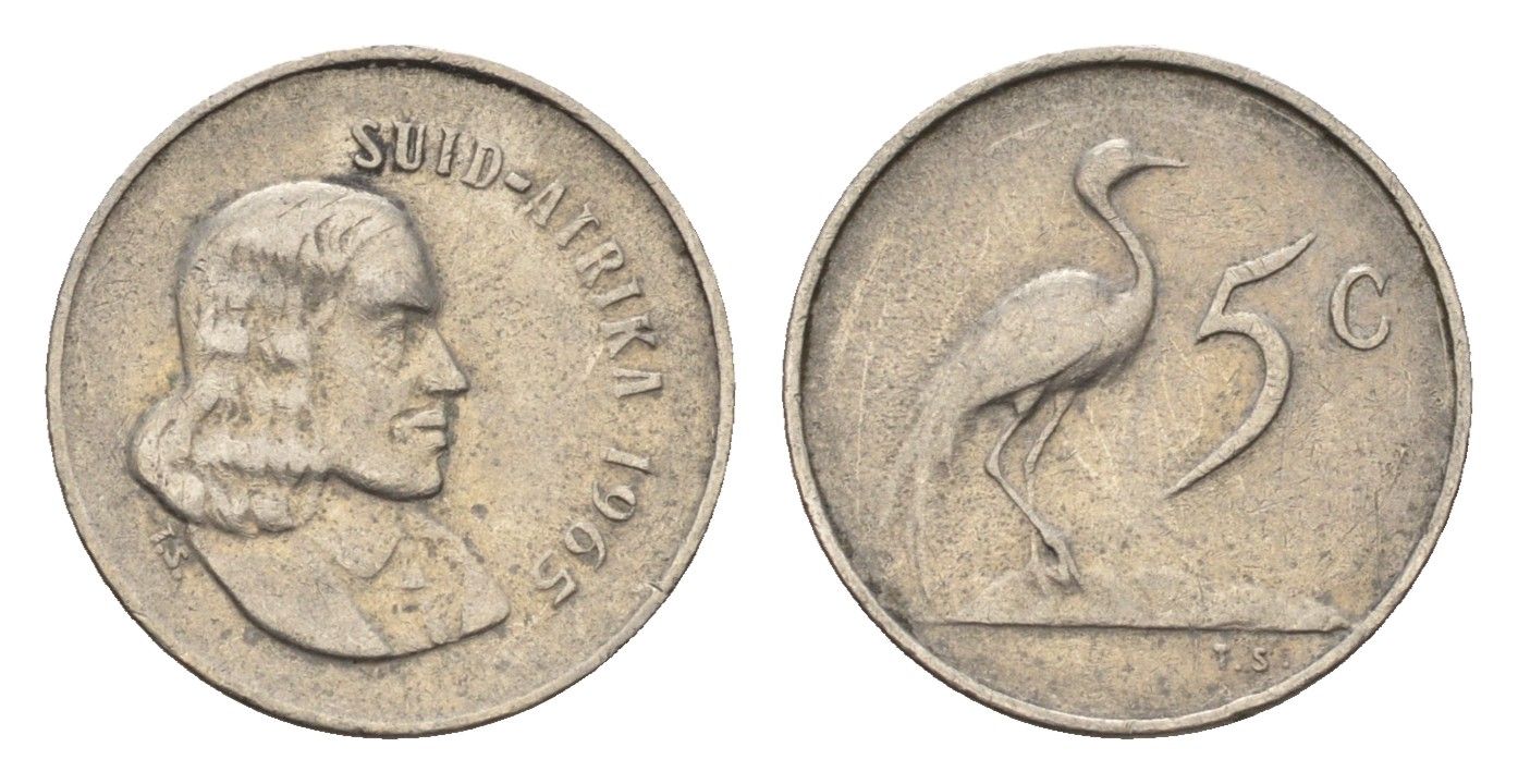 ЮАР 5 центов 1965 Ян ван Рибек (1619-1677), Suid Africa, легенда на африкаанс, райский журавль KM 67.2 никель 4687-122