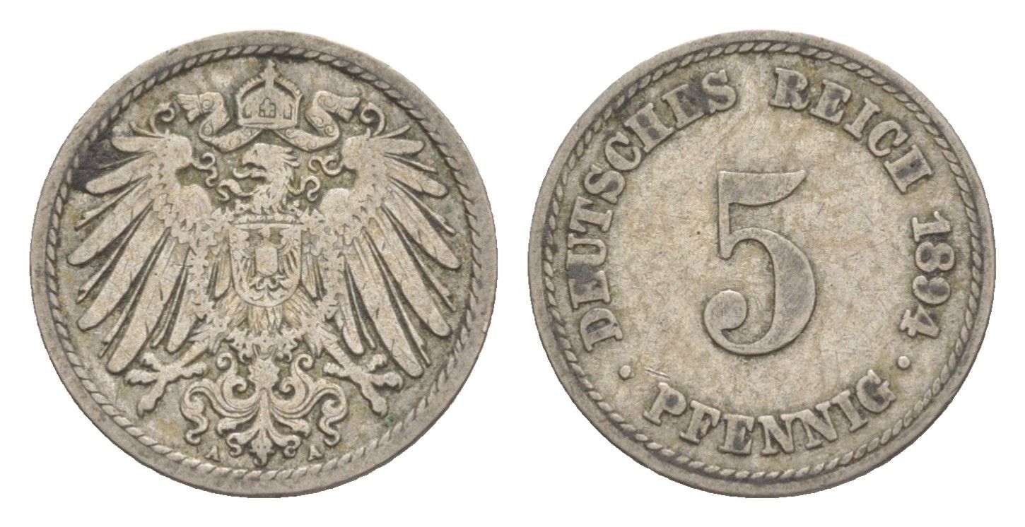 Германия 5 пфеннигов 1894 A, Вильгельм II (1888-1918) KM 11, J. 12 медно-никель 4639-1261