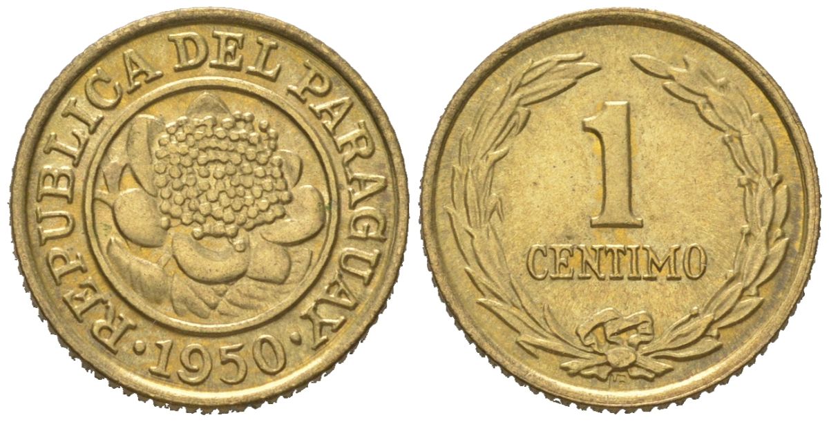 Парагвай 1 сентимо 1950 KM 20 алюминиевая бронза aUNC 4585-629