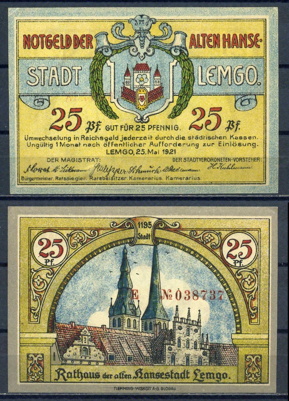 Лемго (Липпе, Германия) 25 пфеннигов 1921 бумага aUNC 7556-5-4-1