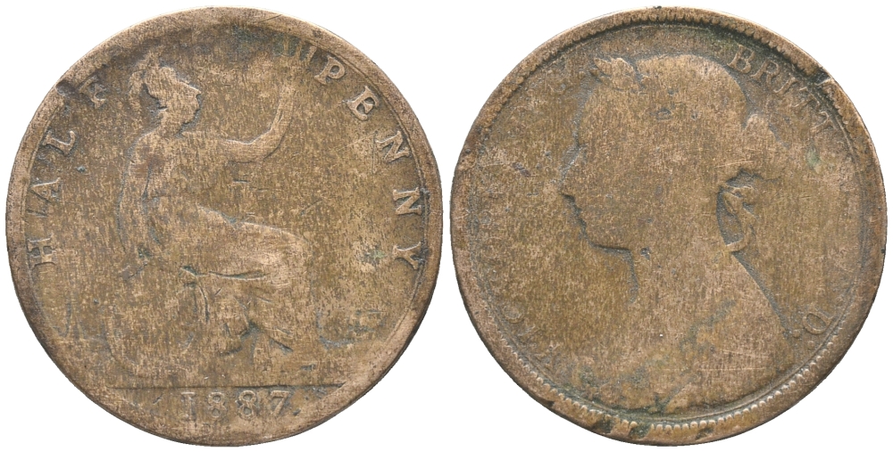 Великобритания 1/2 пенни 1887 Виктория (1837-1901) KM 754, Spink 3956 бронза 34-142