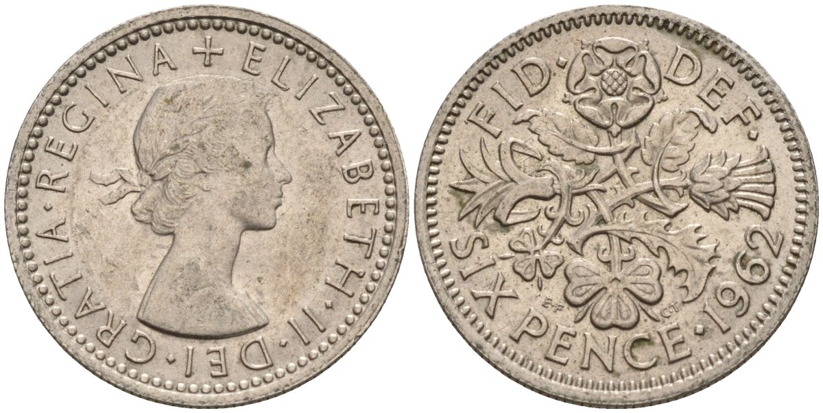Великобритания 6 пенсов 1962 Елизавета II (1952-2022) KM 903, Spink 4149 медно-никель 4596-1045