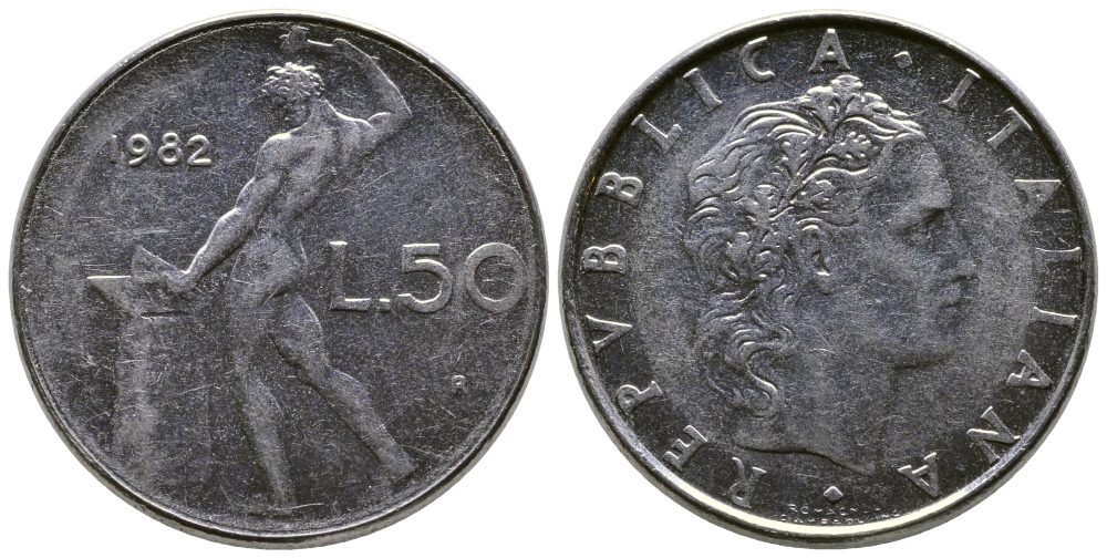 Италия 50 лир 1982 R, бог огня Вулкан у наковальни KM 95.1 нержавеющая сталь    4606-135