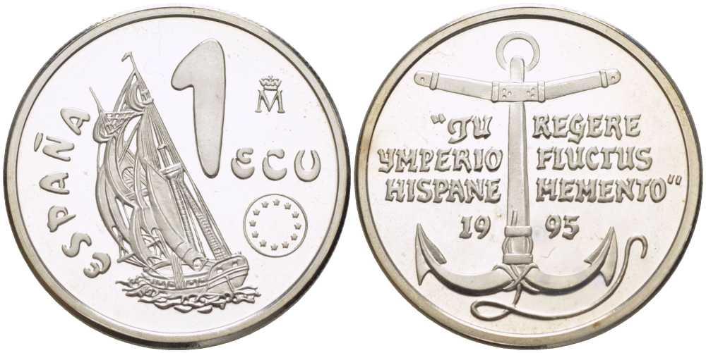 Испания 1 экю 1995 Марина-Эспаньола, в оригинальной деревянной коробке, с сертификатом  серебро  PROOF  4-3-1-09