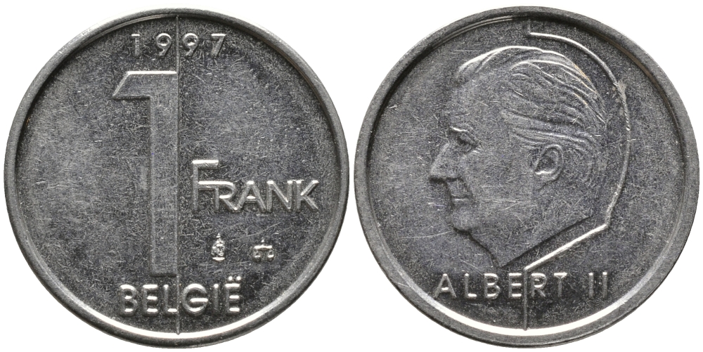 БЕЛЬГИЯ 1 ФРАНК 1997 BELGIE, АЛЬБЕРТ II (1993-) KM 188 железо плакированное никелем 99-1252