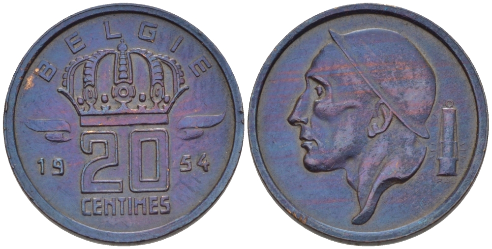 БЕЛЬГИЯ 20 САНТИМОВ 1954 BELGIE KM 147.1 бронза 66-439