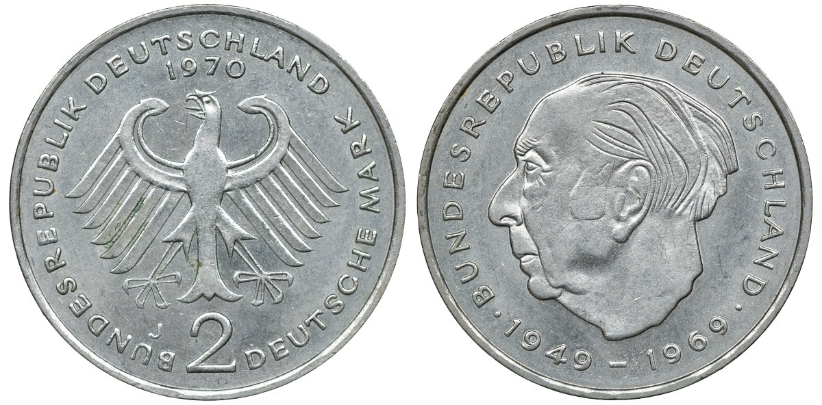 ФРГ 2 марки 1970 J, Теодор Хойс KM A127, J. 407 медно-никель плакированный никелем UNC 72-531