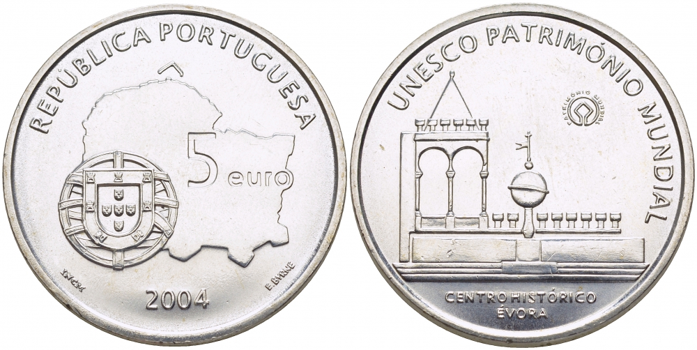 ПОРТУГАЛИЯ 5 ЕВРО 2004 ЮНЕСКО, ИСТОРИЧЕСКИЙ ЦЕНТР ЭВОРА KM 755 серебро UNC 3896-1124