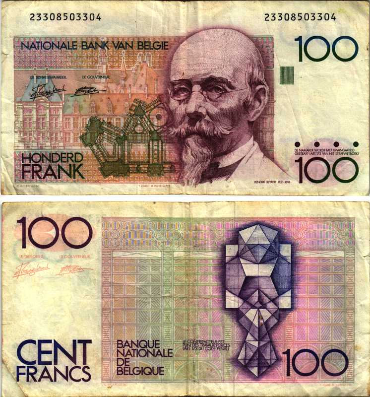 БЕЛЬГИЯ 100 ФРАНКОВ 1982-1994 ПОДПИСЬ (5 И 14), АРХИТЕКТОР ХЕНДРИК БЕЙЕРТ Pick 142а бумага 7219-17-3-2