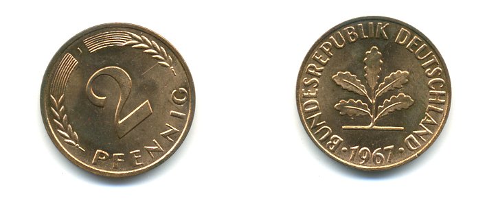 ФРГ 2 пфеннига 1967 J KM106, J.381 бронза UNC 00-00