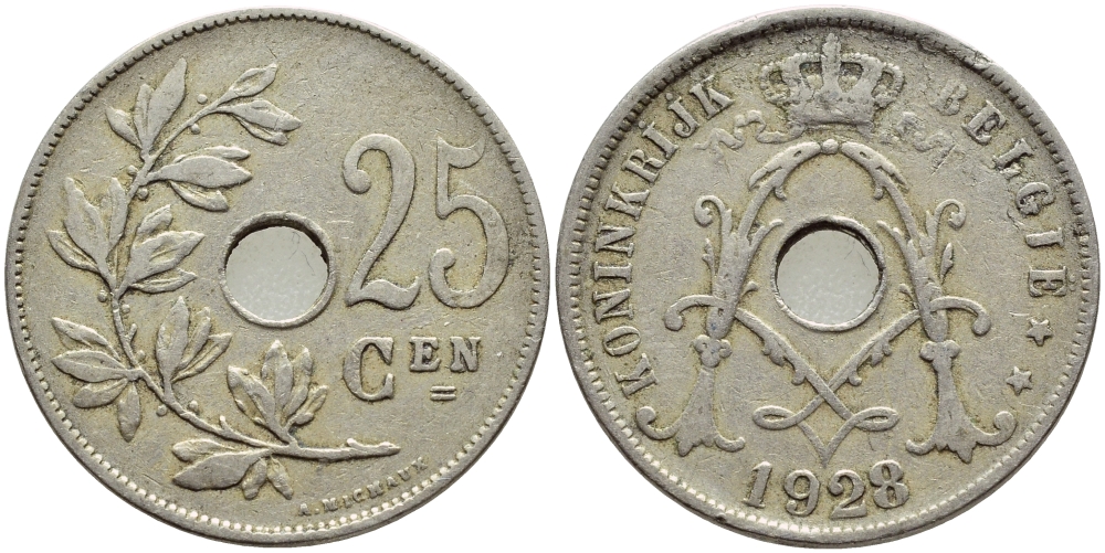 БЕЛЬГИЯ 25 САНТИМОВ 1928 BELGIE KM 69 медно-никель 4388-1153