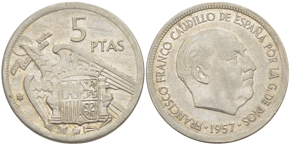 ИСПАНИЯ 5 ПЕСЕТ 1957 (69) ФРАНСИСКО ФРАНКО ДИКТАТОР ИСПАНИИ ( 1939- 1975) KM 786 медно-никель 216-643