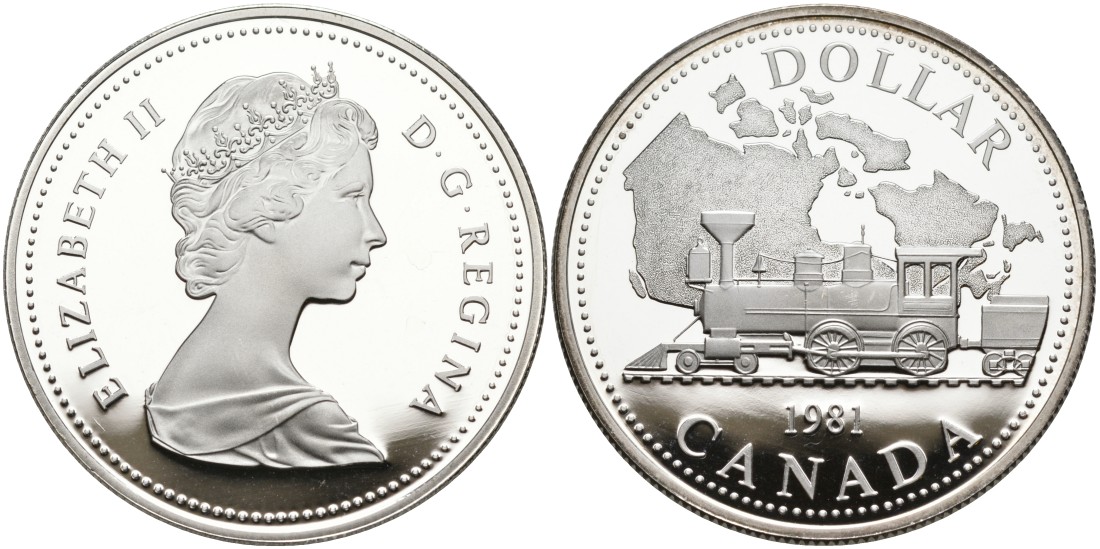 Канада 1 доллар 1981 Трансконтинентальная железная дорога, паровоз KM 130 серебро UNC 1095-4-62