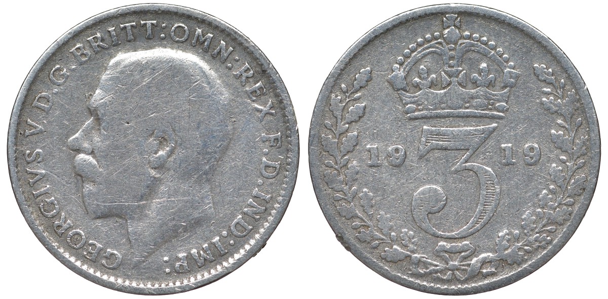 Великобритания 3 пенса 1919 Георг V (1910-1936) KM 813, Spink 4015 серебро 4124-639