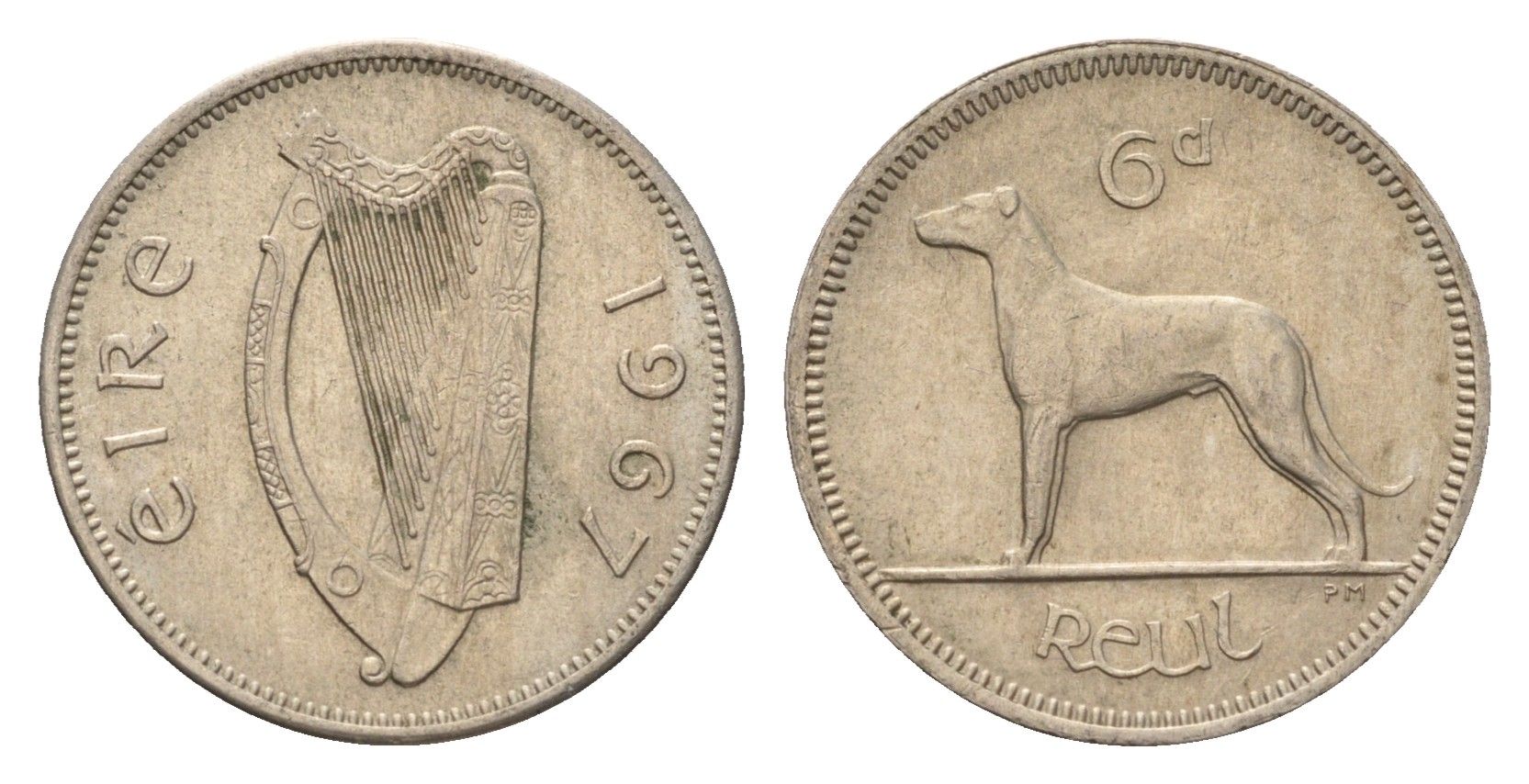 Ирландия 6 пенсов 1967 собака, ирландский волкодав KM 13a медно-никель 4690-343