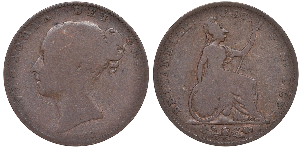 Великобритания 1 фартинг 1838 Виктория (1837-1901) KM 725, Spink 3950 медь 4610-811