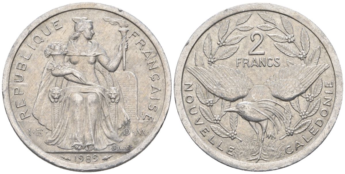 Французская Новая Каледония 2 франка 1989 птица кагу, (IEOM) KM 14, Schoen 11, Lec 65 алюминий    27-1111