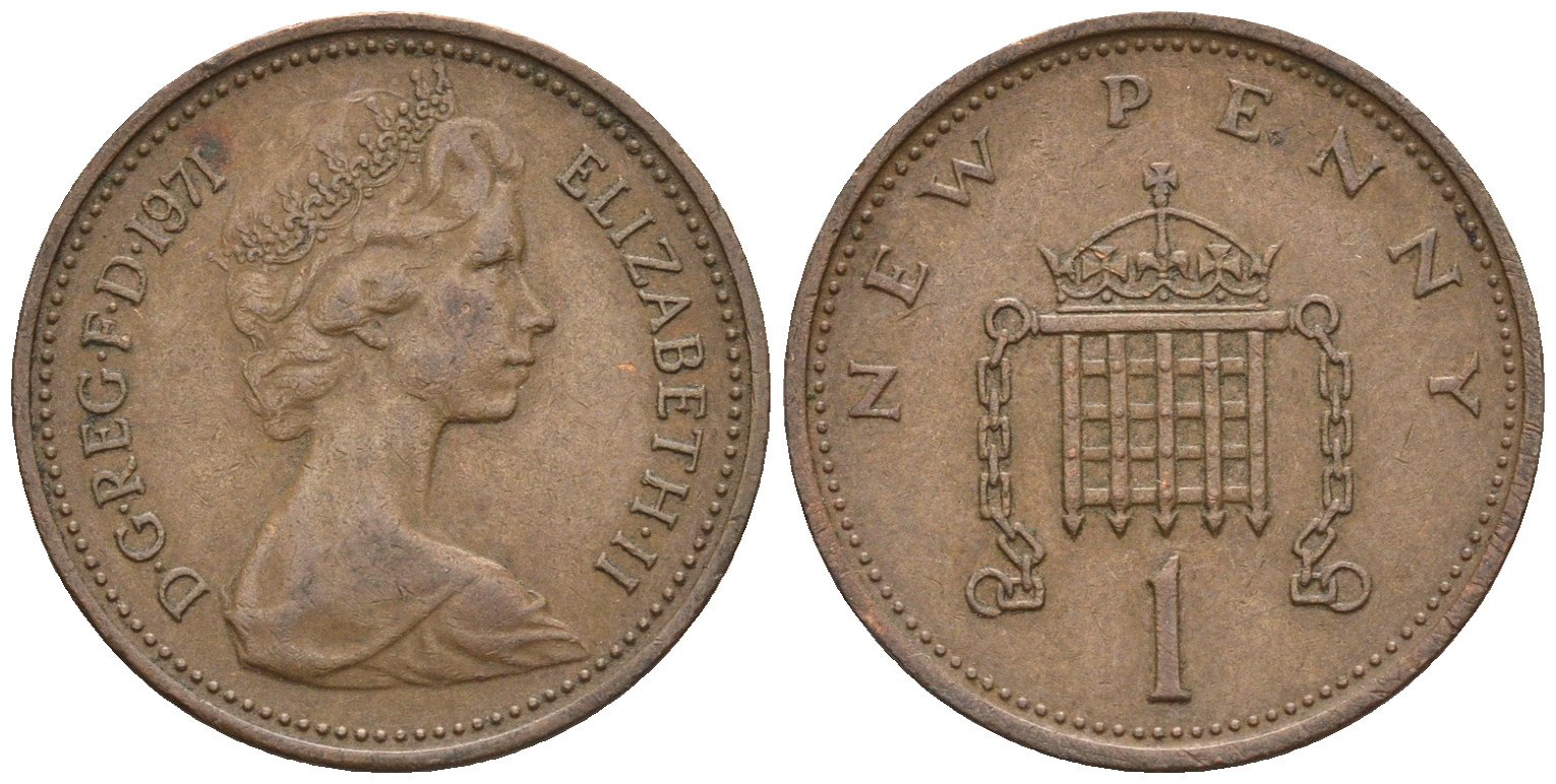 Великобритания 1 пенни 1971 Елизавета II (1952-2022) KM 915, Spink 4237 (B1) бронза 4609-459