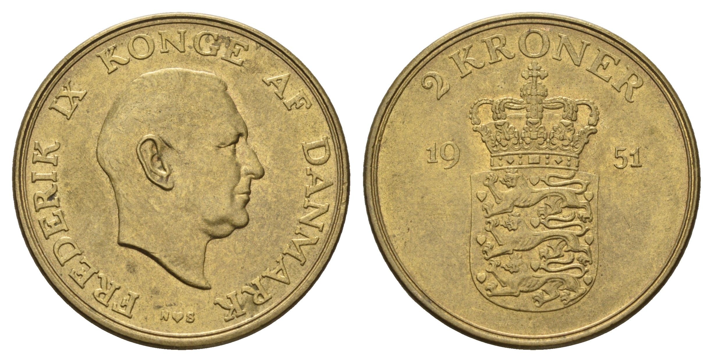 Дания 2 кроны 1951 N, Фредерик IX (1947-1972) KM 838 алюминиевая бронза aUNC 79-641