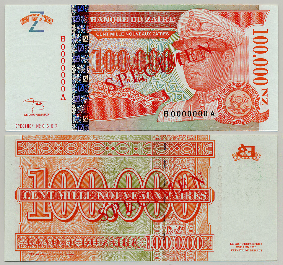 Заир 100000 новых заиров 1996 Мобуту Сесе Секо в военной форме, оранжевая, Giesecke & Devrient. Образец, Specimen Pick 76 as бумага UNC (пресс) 6279-36-2-1