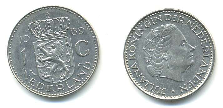 Нидерланды 1 гульден 1969 Юлиана (1948-1980) KM 184a никель 84-742