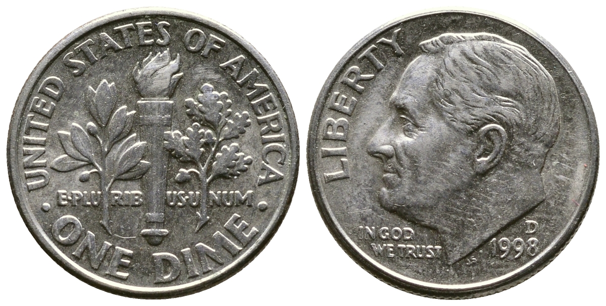 США 10 ЦЕНТОВ = 1 ДАЙМ 1999 D, РУЗВЕЛЬТ KM 195а медь плакированная медно-никелем 57-1261