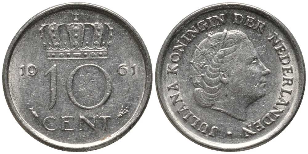 НИДЕРЛАНДЫ 10 ЦЕНТОВ 1961 ЮЛИАНА KM 182 никель 112-734