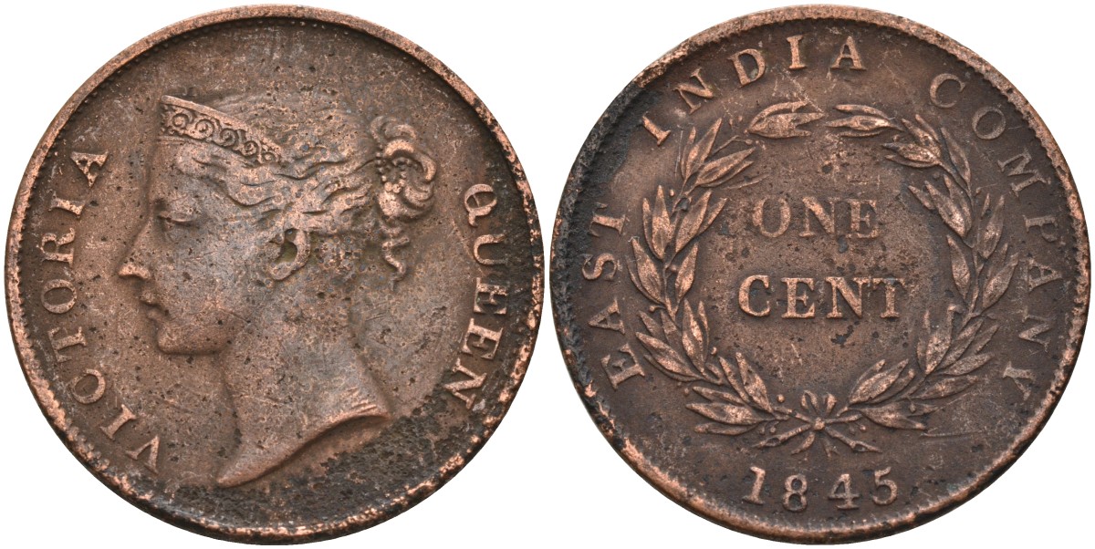 Стрейтс-Сетлментс 1 цент 1845 Виктория (1837-1901), Ост-Индская компания KM 3 медь 4590-133