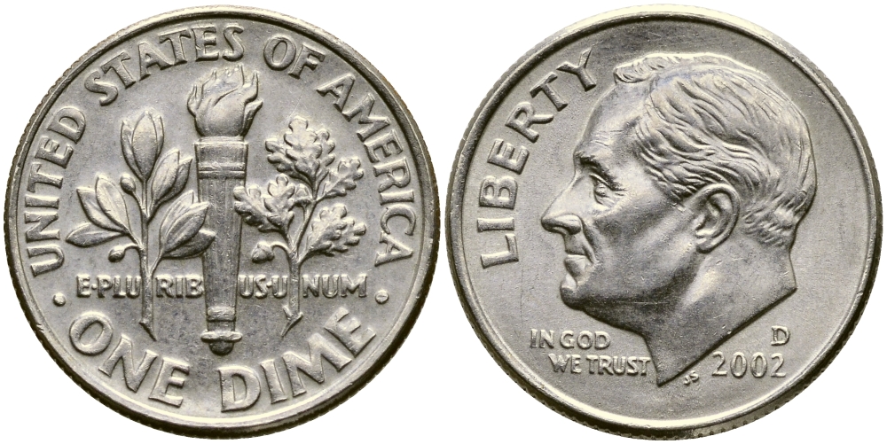 США 10 ЦЕНТОВ = 1 ДАЙМ 2002 D, РУЗВЕЛЬТ KM 195а медь плакированная медно-никелем 46-964