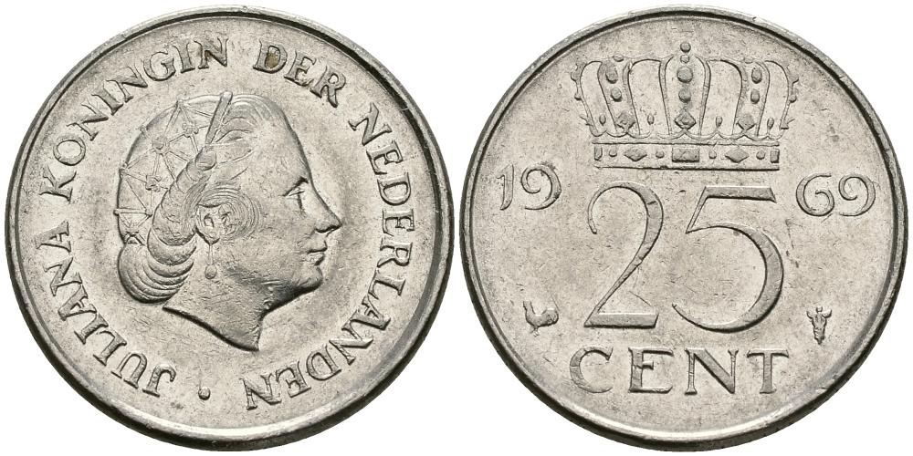 Нидерланды 25 центов 1969 Юлиана (1948-1980) KM 183 никель 96-219