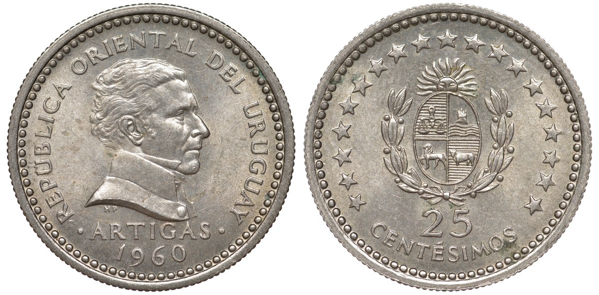 Уругвай 25 сентесимо 1960 KM 40 медно-никель 4580-835