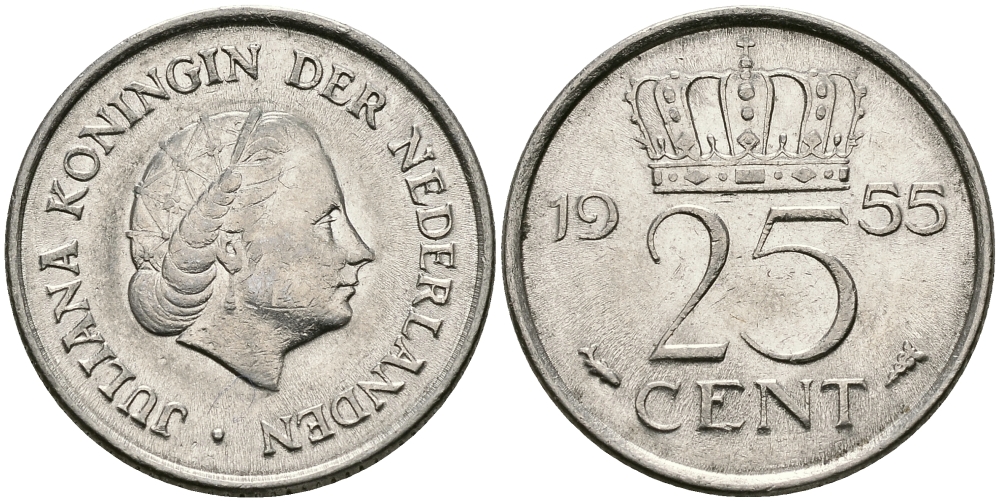 Нидерланды 25 центов 1955 Юлиана (1949-1980) KM 183 никель 96-132
