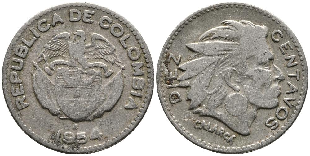 Колумбия 10 сентаво 1954 В, индеец Каларка KM 212.2 медно-никель 4549-621