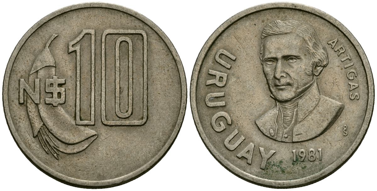Уругвай 10 песо 1981 Хосе Хервасио Артигас KM 79, Schoen  55 медно-никель 4111-1014