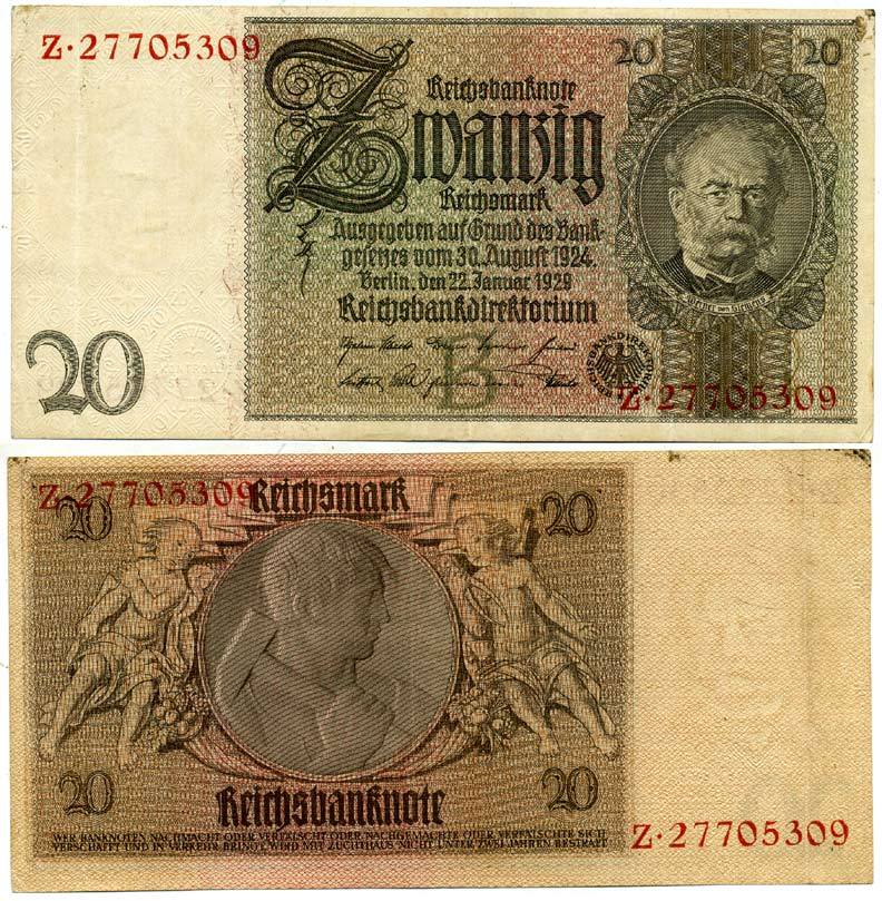 ГЕРМАНИЯ 20 РЕЙХСМАРОК 1929 Pick 181a бумага 3295-72-3