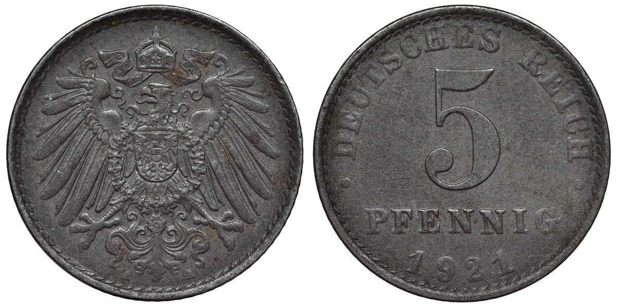 Германия 5 пфеннигов 1921 A KM 19, J. 297, Weege 5 железо 4118-1057