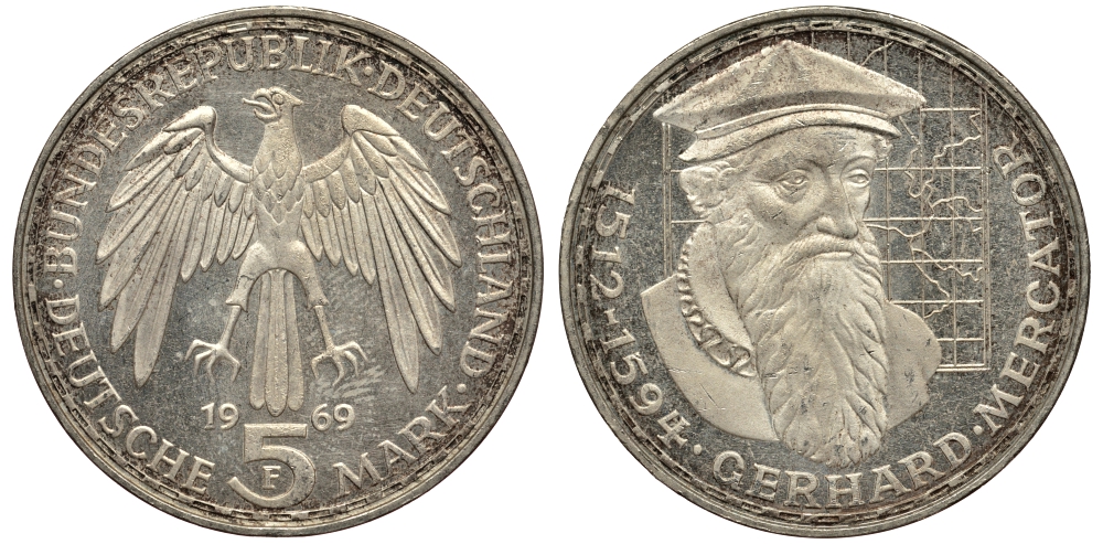 ФРГ 5 марок 1969 F, 375 лет со дня смерти Герарда Меркатора J. 400, KM 126.1 серебро 413-3223