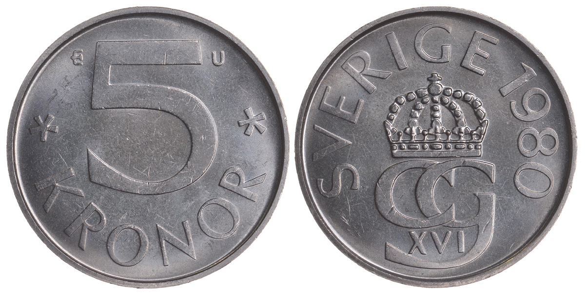 Швеция 5 крон 1980 U Карл XVI Густав (1973- ) KM 853 медно-никель UNC 4683-1022