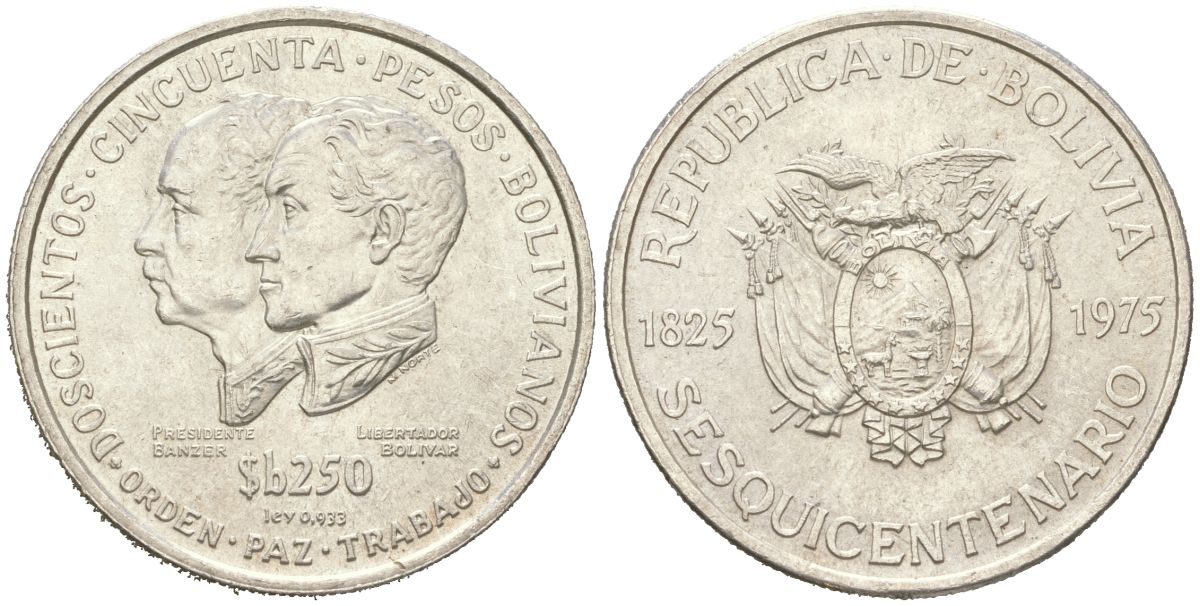 Боливия 250 песо 1975 150 лет независимости KM 195 серебро UNC 443-433