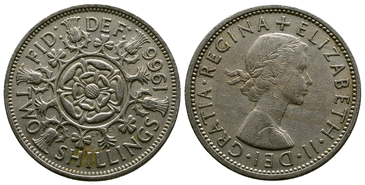 Великобритания 2 шиллинга (флорин) 1966 Елизавета II (1952-2022) KM 906, Spink 4146 медно-никель 4382-636