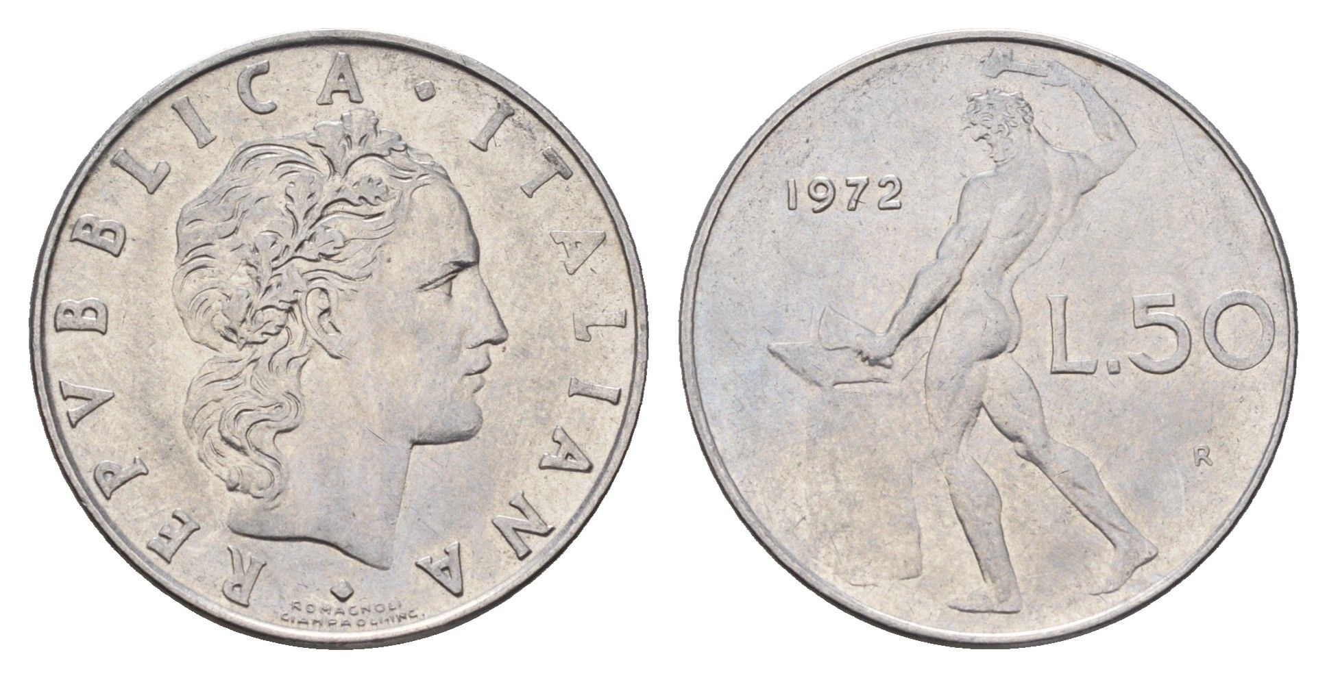 Италия 50 лир 1972 R, бог Вулкан у наковальни KM 95.1 нержавеющая сталь 4638-537
