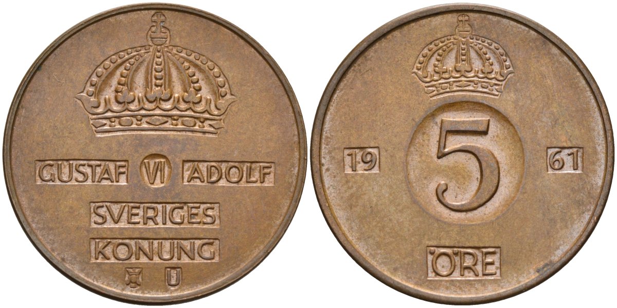 Швеция 5 эре 1961 Густав VI Адольф (1950-1973) KM 822 бронза 4526-1146