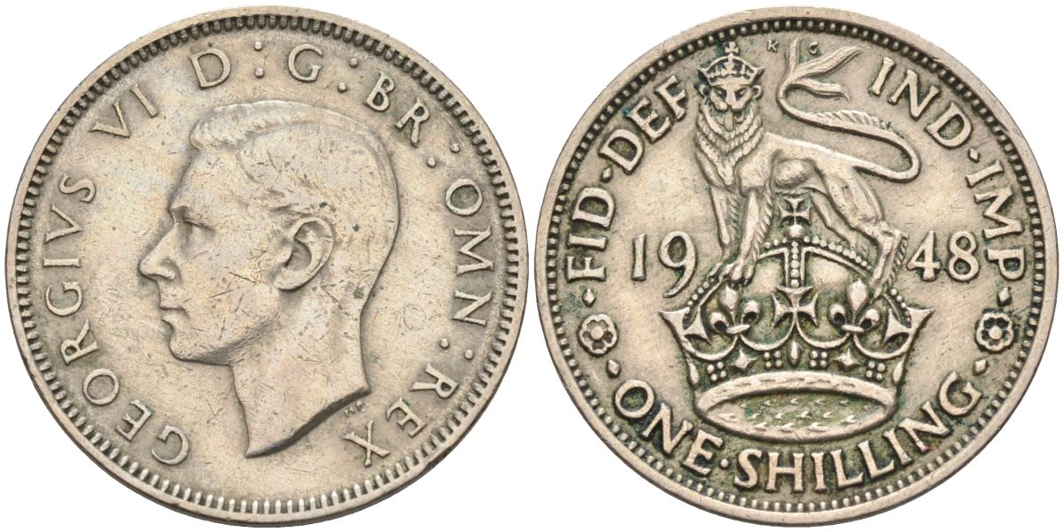 Великобритания 1 шиллинг 1948 Георг VI (1936-1952), Английский герб KM 863, Spink 4103 медно-никель 4116-831