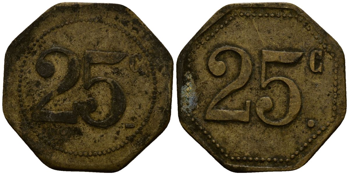 Франция 25 сантимов XIX-XX век ресторанный жетон латунь 4166-526