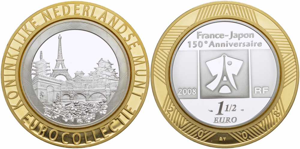 Франция 1 1/2 евро 2008 150 лет торговым отношениям Франция-Япония, Париж, Эйфелева башня KM 1550 серебро PROOF 1068-7-31