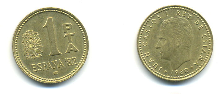 Испания 1 песета 1980 (82) чемпионат мира по футболу в Испании 1982 года, Хуан Карлос I (1975-) KM 816 алюминиевая бронза 177-131